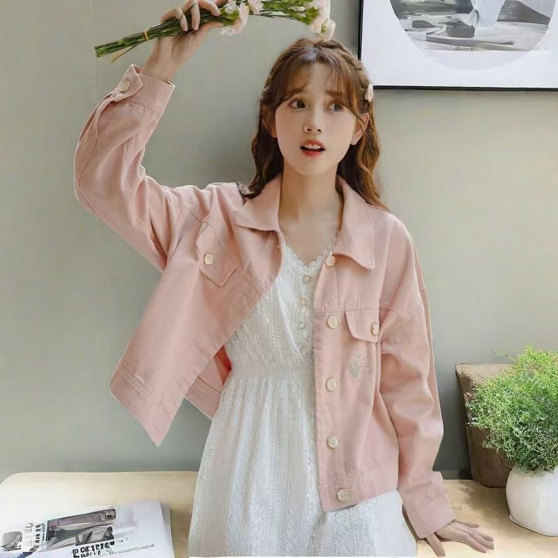 Embroidery Patches - Chaqueta vaquera rosa de moda para